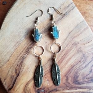Handmade Bohemian Clay Hamsa Hand Feather Tribal Boho Earrings